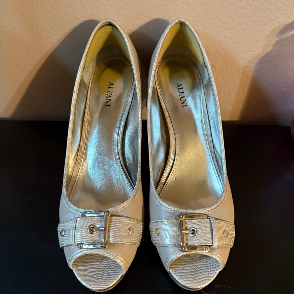 Alfani Cream Heels with Classic Peep-Toe Design